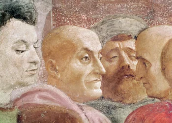 (detalle) de las cabezas de los hombres a la izquierda del Emperador, de la Resurrección del Hijo de Teófilo, y San Pedro entronizado como Primer Obispo de Antioquía, c.1427 y c.1484-85